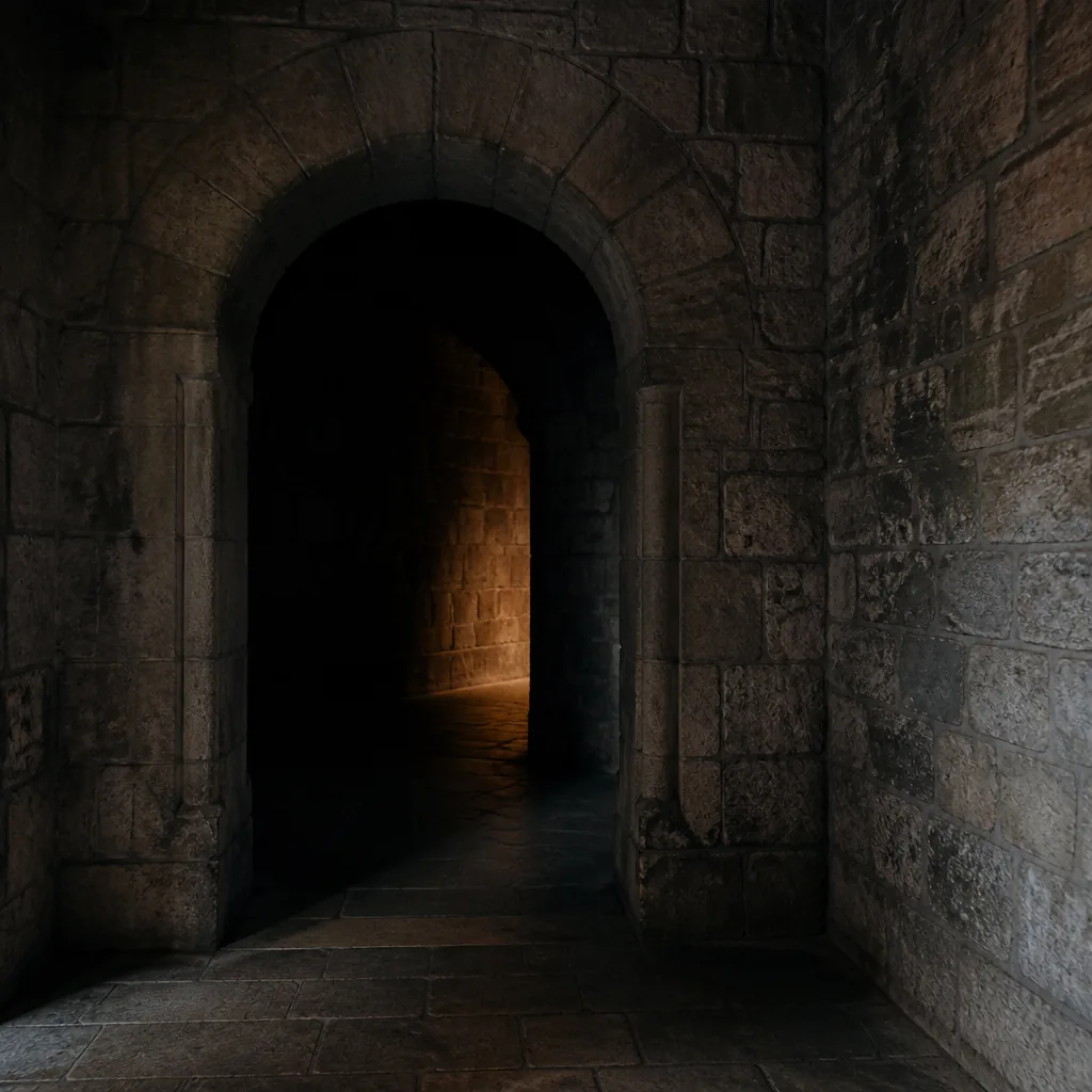 Arco de piedra de castillo que lleva hacia la oscuridad con un tenue resplandor